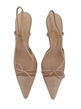 Chanel Iconic "CC" Light Pink Toe Cap Bow Mesh Slingback Heels Italy Size EU 38